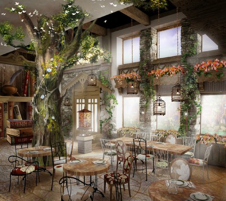 Дизайн кафе в сказочном стиле с искусственными сказочными деревьями